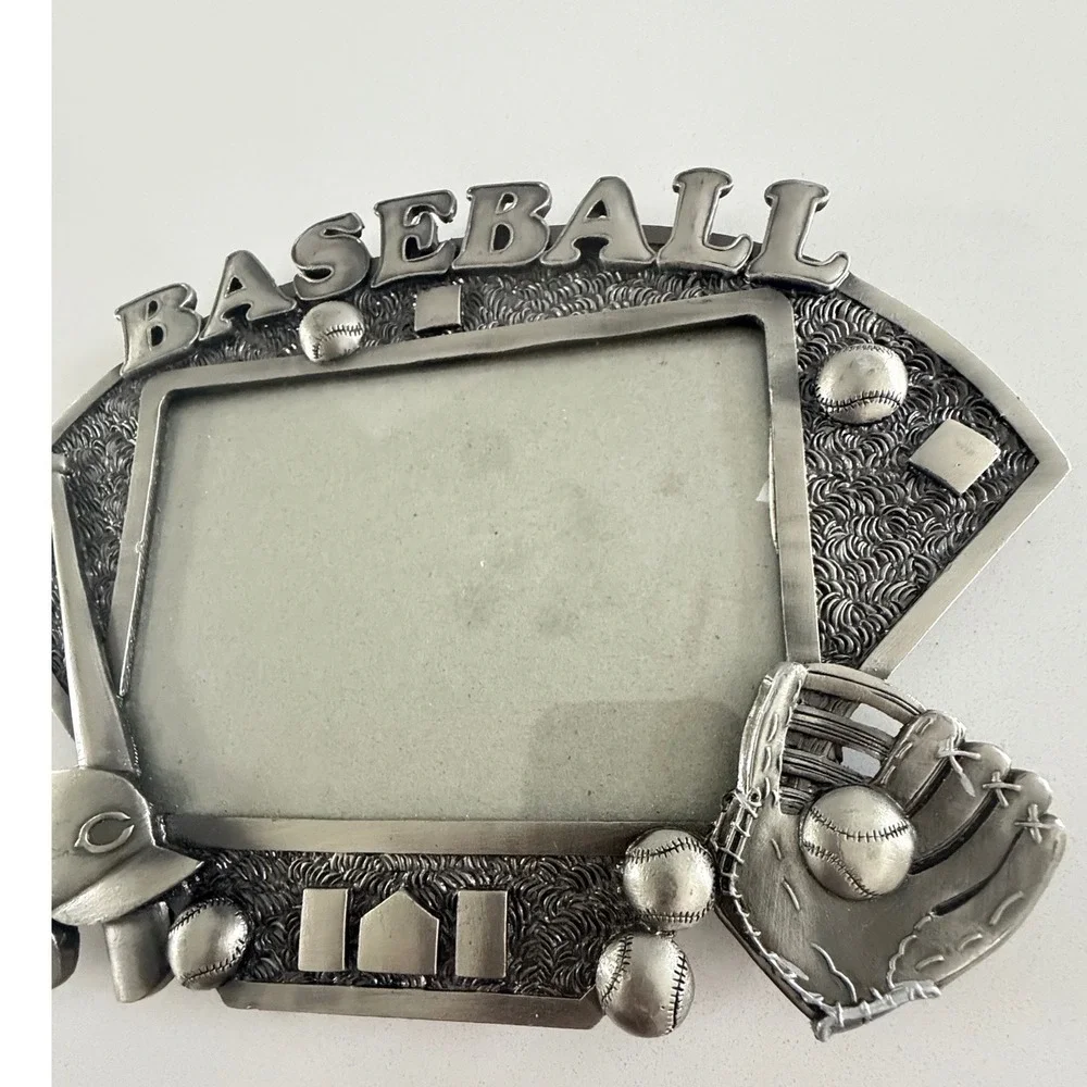 Vintage Baseball Pewter Style Picture Frame‎ Sports Theme 3D Mitt Bat Helmet